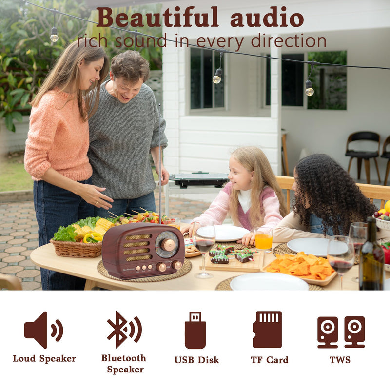 Radios Portable AM FM SW, Retro Radio with Speaker, Transistor Radio Bluetooth 5.3, Rechargeable Battery Powered, TWS, Support TF Card/MP3/USB Playing, Gifts for Senior, Dark Wood