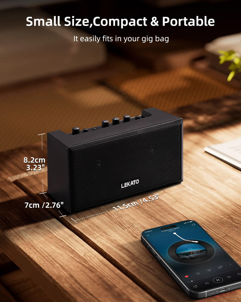 LEKATO Guitar Amplifier with Clean Overdrive Effects 5W Rchargeable Electric Guitar Amp Small Bass Amplifier Bluetooth Bass Amplifier for Daily Practice Black
