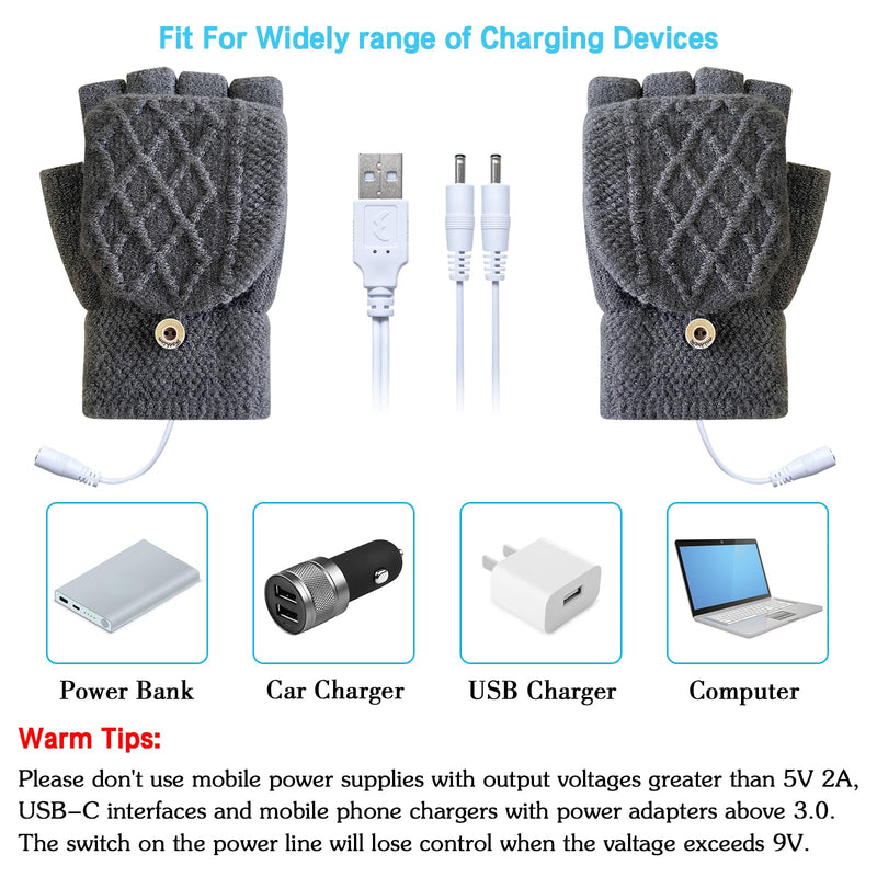 Women's & Men's USB Heated Gloves Mitten Full & Half Fingerless Winter Hands Warmer Laptop Gloves Pure Grey