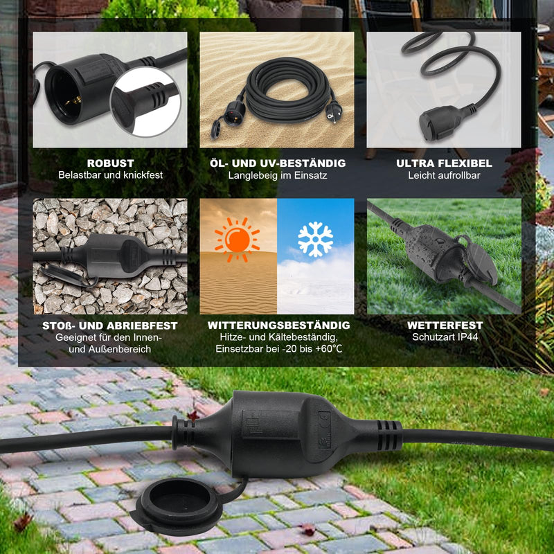 [AUSTRALIA] - Outdoor Extension Cable 2 m for Outdoor Use, Rubber Extension Power Cable with Schuko Plug, IP44 Extension Cable, 3G 1.5 mm² Cable, Outdoor Electric Cable, with Protective Cap, 3500 W, Black 