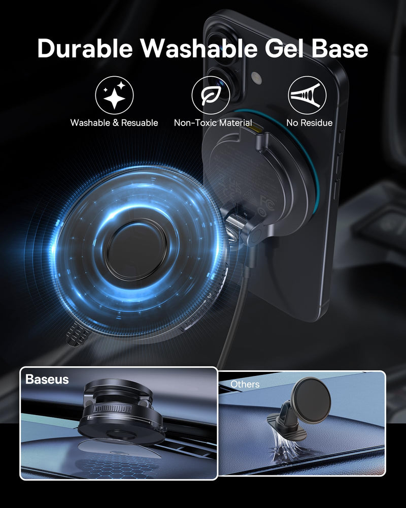 Baseus Vacuum 15W for Magsafe Car Mount Charger, 119LBS Suction Cup 720° Adjustable Magnetic Car Charger Phone Holder, Foldable Cell Phone Holder with Reusable Washable Gel for Car & for 17to13 iPhone Black