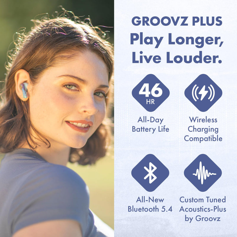 Groovz Plus True Wireless Earbuds with Wireless Charging Case - Designed in the USA - IPX4 Water Resistant Bluetooth Earbuds Compatible with Apple & Android - 46Hr Battery - Dual Microphone -Oil Slick