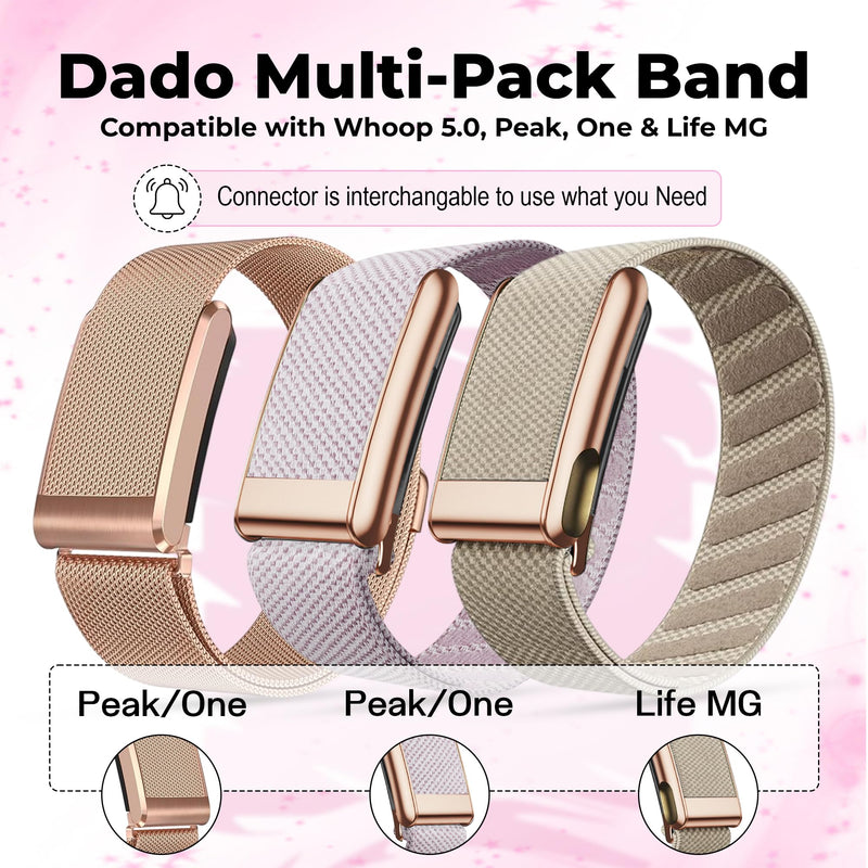 DADO For Her Women WHOOP 5.0 Bands Multi-Pack – 3 Pack Stylish Wrist Straps, Flexible All-Day Comfort with Adjustable Stainless Steel Slider – Designed for Everyday & Active Wear Rose Active