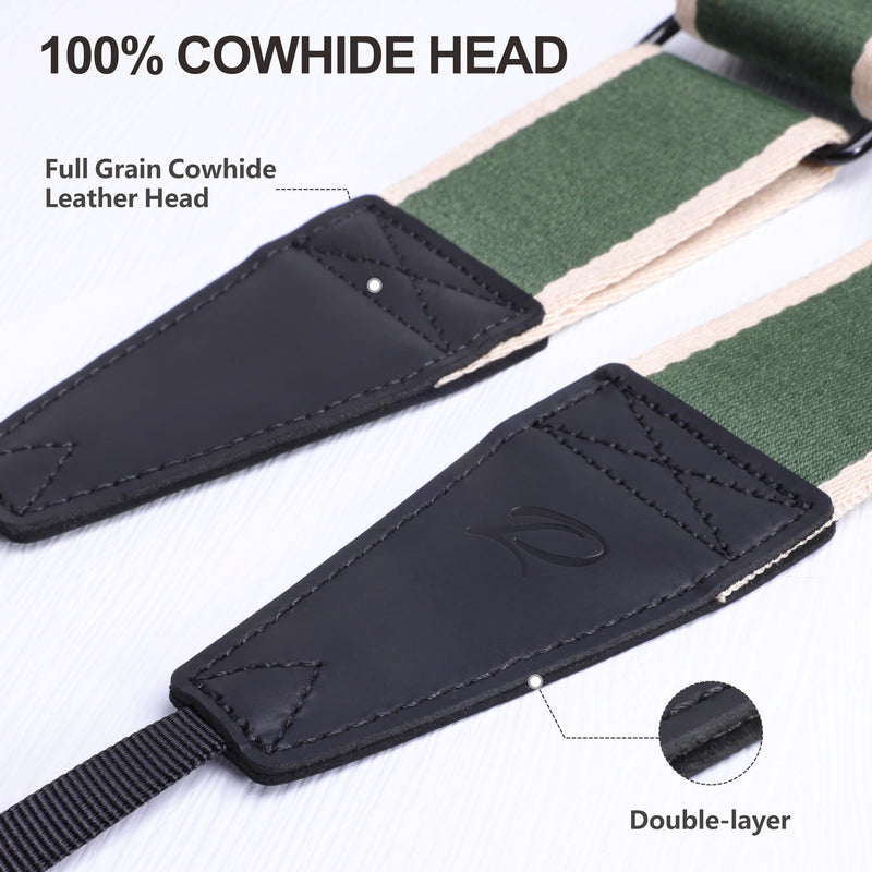 Padwa Lifestyle Adjustable Camera Strap - 2" Wide Top Layer Cowhide Head Camera Straps for Photographers, Vintage Adjustable Neck Shoulder & Crossbody Strap Quick Release fits All Cameras-Green Stripe D# - Green Stripe Adjustable 38~66 inch / 2" Wide