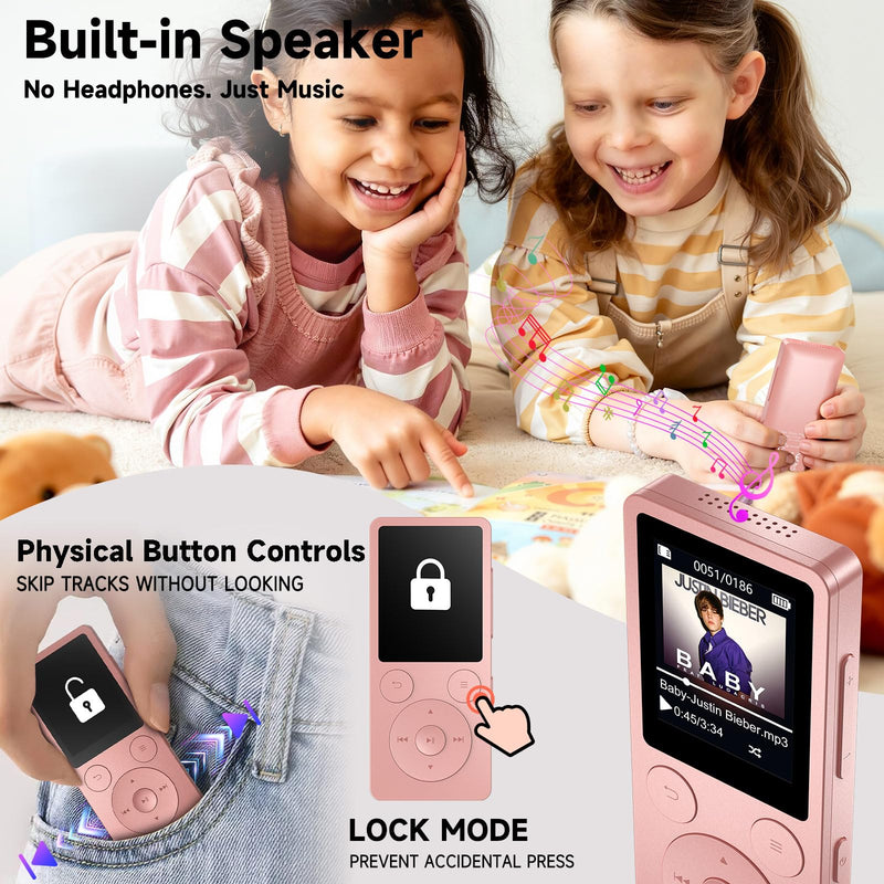 32GB MP3 Player with Bluetooth 5.3, Speaker, Simple Physical Buttons | Portable Music Player with FM Radio, 1.8 inch Screen, 40 Hour Battery Life, Voice Recorder, Supports 128GB Micro SD Card Pink