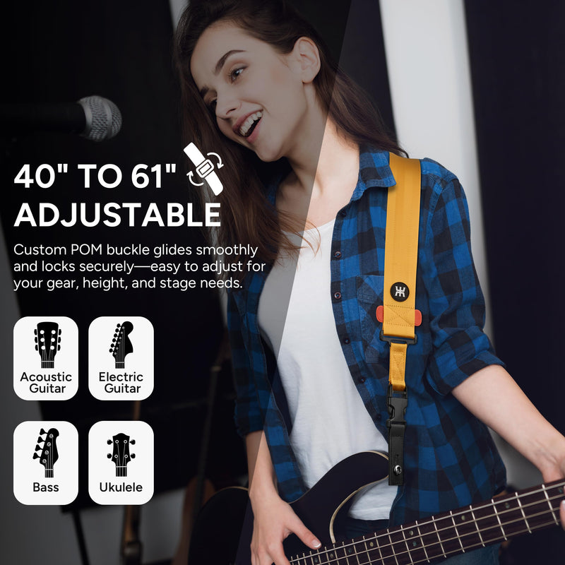 Amumu SNAPLOCK Guitar Strap with Clip - Metallic Gold Nylon for Acoustic, Electric & Bass Guitar - 2" Wide