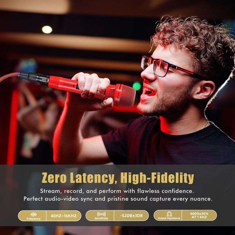 Dynamic Microphone - Professional Vocal Microphone for Singing - Premium Handheld Wired Mic with 16ft XLR to 1/4" Audio Cable - Microfono for Speaker, Mixer, Amplifier & Karaoke Machine Red