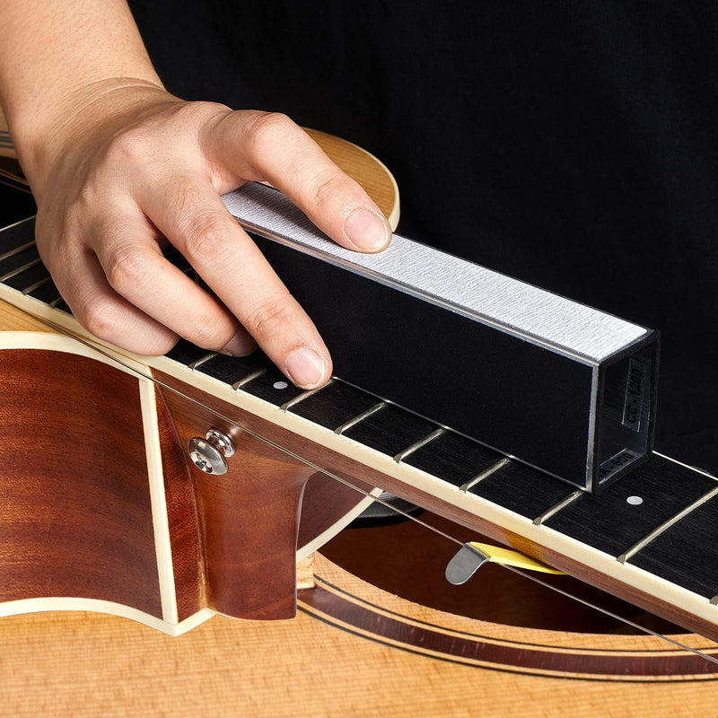 Guitar Luthier Tool Set, Guitar Fret Crowning File, Fret Leveling Beam, String Action Ruler Gauge, Feeler Gauge, Fret Rocker, Fingerboard Guards, String Spreaders and Replacement Sanding Papers Guitar Repairing Maintenance Tool Kit