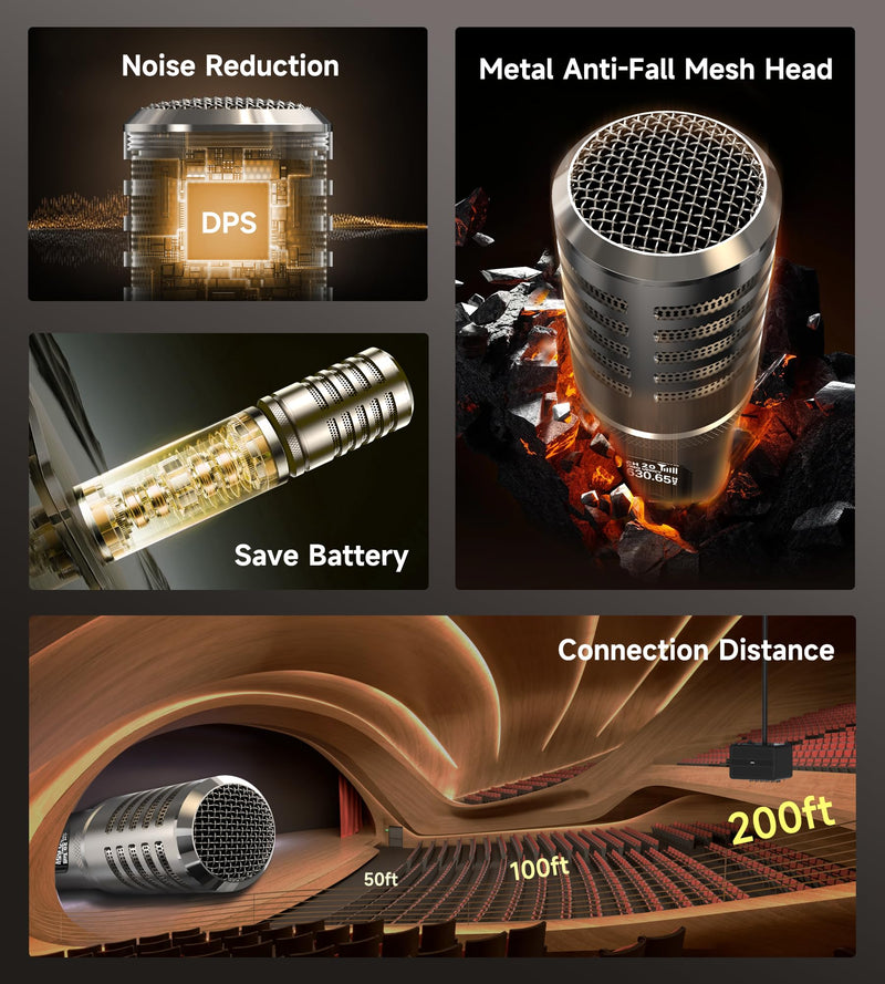 Wireless Microphone, Metal Dynamic Mic System with One-to-One Chip Connection and Rechargeable Receiver, 40H Duration, 200FT Range Receiving, Less Latency Karaoke Microphone for Singing
