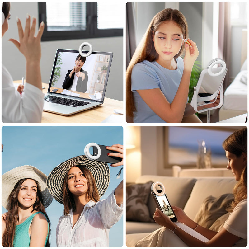 Clip on Ring Light, Rechargeable Selfie Fill Light, Portable Selfie Ring Light with 3 Adjustable Light Modes, Video Conference Light for iPhone, Laptop, iPad, Zoom Meeting, Make up, Video