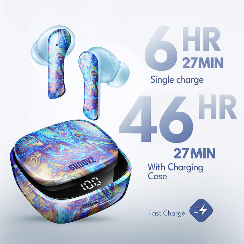 Groovz Plus True Wireless Earbuds with Wireless Charging Case - Designed in the USA - IPX4 Water Resistant Bluetooth Earbuds Compatible with Apple & Android - 46Hr Battery - Dual Microphone -Oil Slick