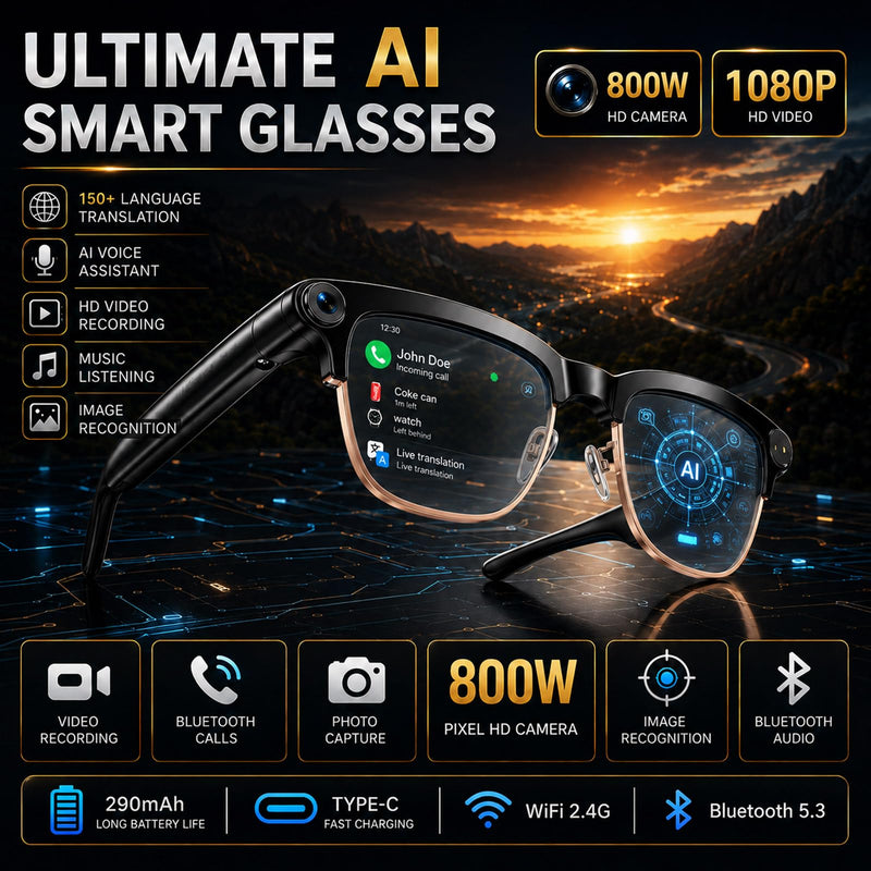AI Smart Glasses with Camera,Photo Capture &4k Video Recording Glasses,Real-Time Translation, Open-Ear Audio, Object Recognition, Camera Sunglasses Chatgpt AI Assistant