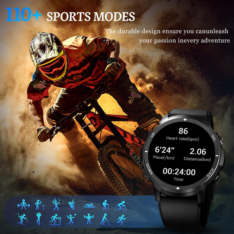 Smart Watch for Men- Bluetooth Call, 2025 Military Waterproof Fitness Sleep Tracker Watch with 110 Sports Modes, Smartwatch for Samsung Android iPhone iOS Compatible Black 1.39