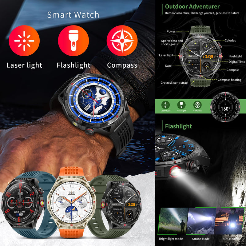 1.85”AMOLED Smart Watch for Men(Answer/Make Calls), LED Lighting, 5ATM Waterproof Fitness Watch with Heart Rate, SpO2, Blood Pressure, Bluetooth Smartwatch for Android iPhone, with 3 Bands (Silver) Silver