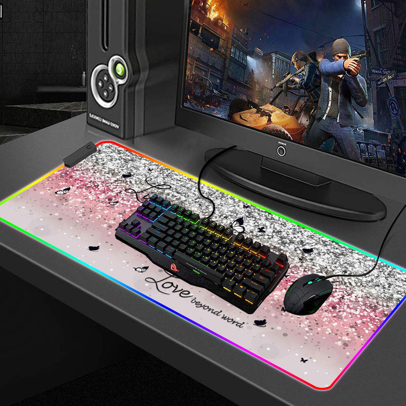 CICPLKSE Customized RGB Gaming Mouse Pad and Coffee Coaster,Large Glowing Led Anti-Slip Rubber Base Computer Keyboard Desk Mouse Mat 31.4x11.8 Inch,Pink Glittering Live Laugh Love Pink Glittering Live Laugh Love