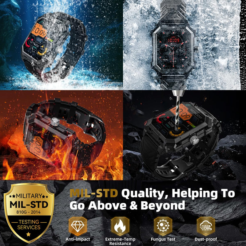 Rogbid Military Smart Watch for Men | Answer/Dial Call, 680mAh Battery, IP69 Waterproof, Blood Pressure Heart Rate, Android Phones Compatible, Fitness Tracker Decepticon-Black