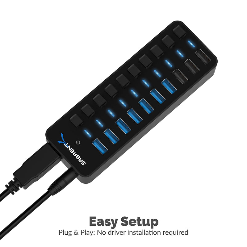 SABRENT 60W 10-Port USB 3.0 Hub Includes 3 Smart Charging Ports with Individual Power Switches and LEDs and 60W 12V/5A Power Adapter (HB-B7C3) 7 + 3 Charging Ports