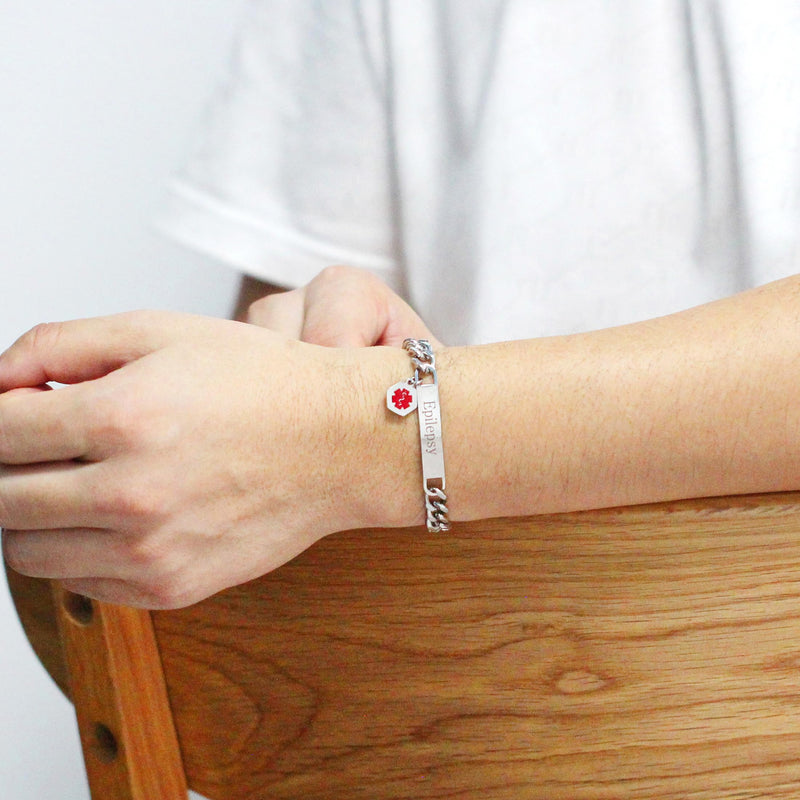 Uloveido Red Medical ID Bracelet | White/Black Cuban Chain Bracelets | Custom Medical Alarm Jewellery for Men Women | Waterproof Stainless Steel Bracelet YA5169 White Epilepsy