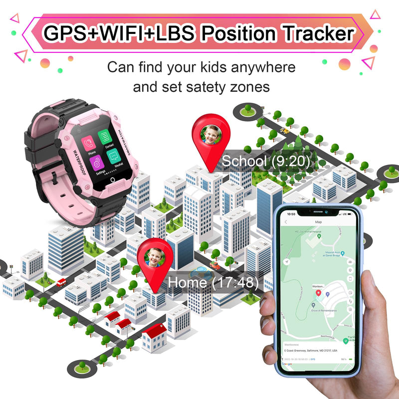4G GPS Smart Watch for Kids with SIM Card, 1.4" Touch Screen Kids Smartwatch for Boys Girls Gift, Phone Watch with Video Calls/Voice Chat/Camera/Music/Alarm/SOS/Pedometer(T-Pink) Pink