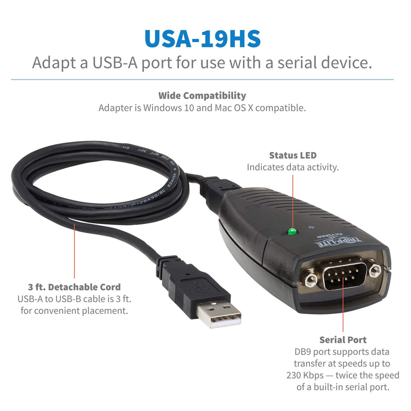 Tripp Lite Keyspan High-Speed USB to Serial Adapter, PC & Mac, USB-A to DB9 RS232 Male, 3 Foot / 0.91 Meter Cable, 3-Year Warranty (USA-19HS)