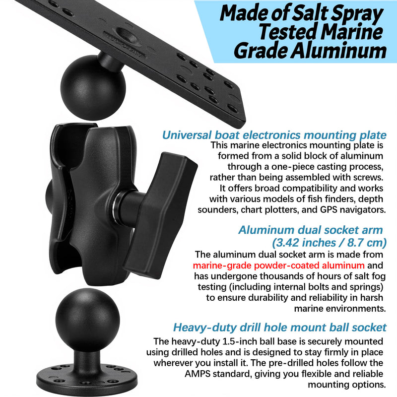 Fish Finder Mount with C Size 1.5" / 38mm Ball, 3.42" Aluminum Arm Marine Electronics/Depth Finder Mount, High Salt Water Resistant,Compatible with Garmin, Lowrance, and More Small
