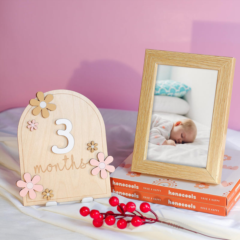 Baby Monthly Milestone Cards - Wooden Monthly Milestone Discs - Newborn Photography Props to Document Your Baby´s Growth - Baby Announcement Sign (AA Flower) AA Flower