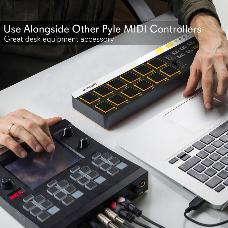 USB MIDI Controller Drum Pad - Mini Portable Beat Maker Workstation Equipment w/ 12 Drum Pads, DJ Fader Slider & Transport Buttons - Control any DAW Software Kit for Laptop Recording - Pyle PMIDIPD20