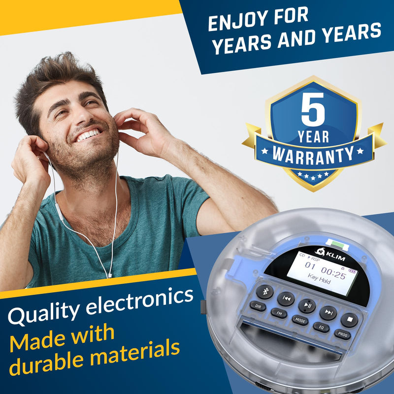 KLIM Nomad Transparent - New 2024 - Portable CD Player Walkman with Long-Lasting Battery - Includes Headphones - Radio FM - MP3 CD Player Portable - TF Card Radio FM Bluetooth - Ideal for Cars Clear