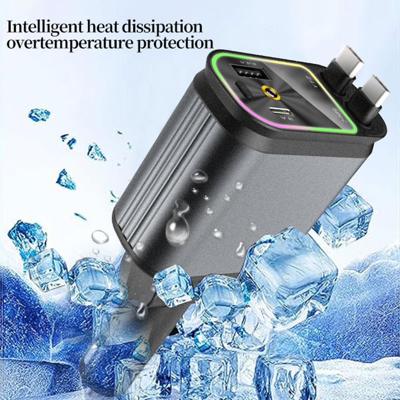 4 in 1 Car Charging Adapter with Star Projector Light Retractable Cable Double USB C & USB A Fast Car Charging for Phone