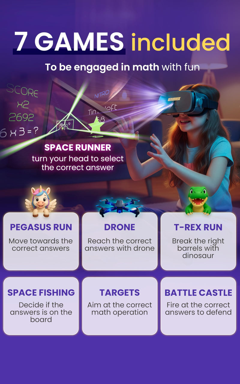 Heromask Educational VR Headset for Kids 5-12, Math Games, Phone Powered | Uses your own iPhone or Android. Times tables, addition and division games built with teachers. Birthday or school gift. Mathematics