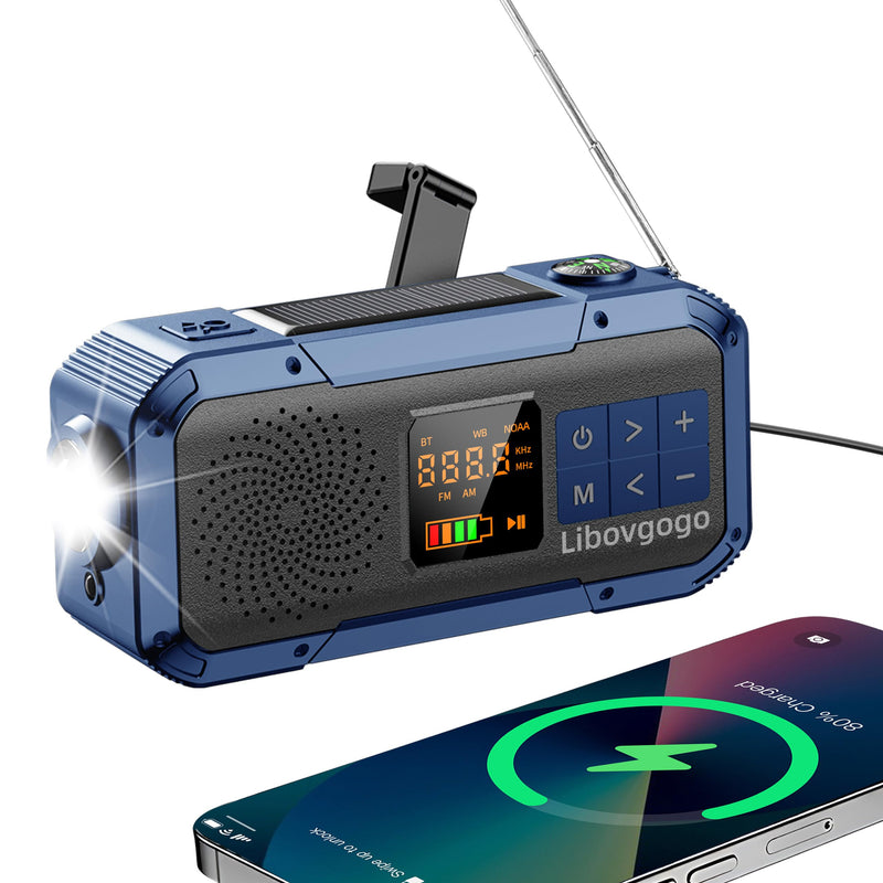 Emergency Weather Radio with IPX5 Waterproof Portable Bluetooth Speaker,USB-C Solar Hand Crank,NOAA Alarm AM FM Radio,Flashlight,SOS Alarm,2000mAh Cell Phone Charger for Camping and Survival (Blue) BLUE