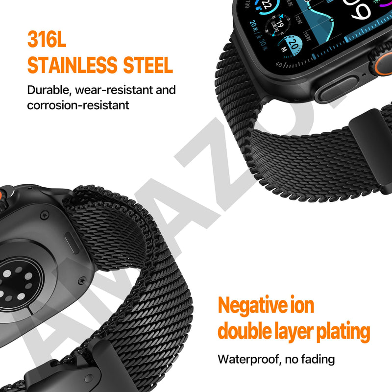 BM2 Band for Apple Watch Bands Milanese Ultra 2 49mm, Series 10 46mm, 9 8 7 45mm 41mm, SE 6 5 4 44mm 40mm, 3 2 1 42mm 38mm Men Women Strap iWatch 49mm, 46mm, 45mm, 44mm, (42mm S3/2/1) Titanium Black