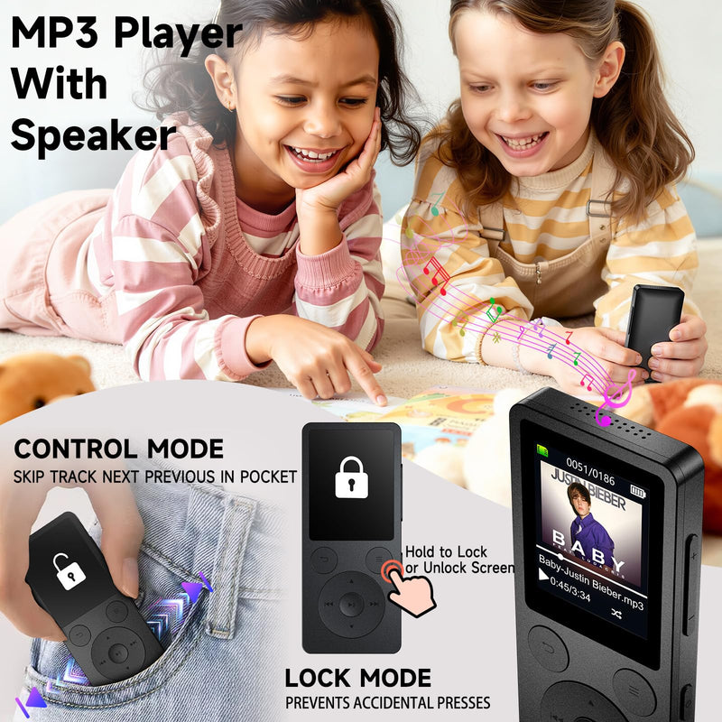 [AUSTRALIA] - 64GB MP3 Player with Bluetooth 5.3 Auto Reconnect, MP3 Music Player with Speaker, 1.8" Screen & Physical Buttons, Voice Recorder, FM Radio, 40H Battery Life, No WiFi, Support 128GB microSD Card Black 