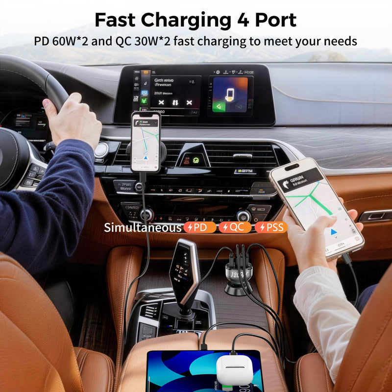 SONRU 4-Port USB C Car Charger, 120W 2*【PD60W+QC30W】 Cigarette Lighter USB Car Charger Adapter, Fast Car Phone Charger for iPhone 17/17 Pro Max/16/15/14 Series, Galaxy S24/23,iPad, Galaxy, Tablet grey