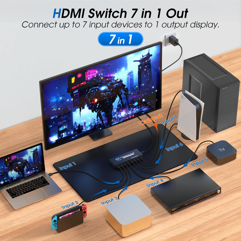 [AUSTRALIA] - HDMI Switch 7 in 1 Out, 4K60Hz HDMI Switcher with Remote, H-DMI Selector Box Support UltraHD Dolby HDR10 2.0 HDCP 2.2 3D, HD-MI Splitter Compatible with Xbox PS5/4/3 Blu-Ray Player Fire Stick Blue 
