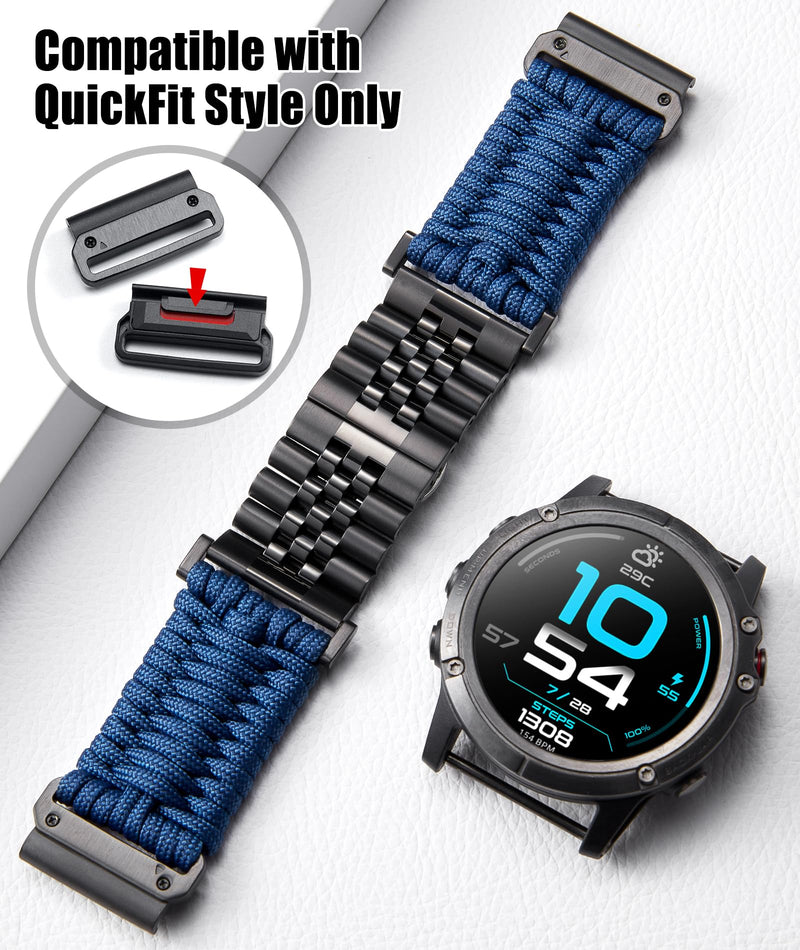 Compatible with Garmin Watch Band 22mm 26mm Braided Paracord Steel Sport Strap Fit for Quickfit Blue-Black