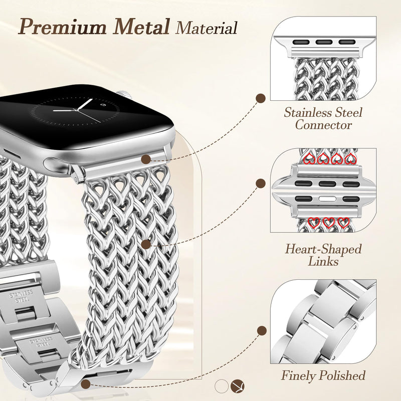 JR.DM Silver Chain Bracelet Band Stainless Steel Bracelet Strap Bundle Compatible with Apple Watch 38mm 40mm 41mm 42mm 44mm 46mm 45mm 49mm Women for iWatch Series 11/10/9/8/7/6/5/4/3/2/1/SE/Ultra