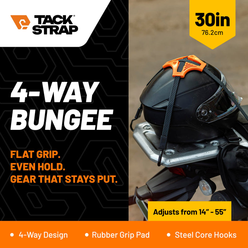 Tack Strap – 4-Way Flat Bungee Cord with Rubber Pad Grip, Non-Slip Tie Down Straps for Motorcycle, ATV, Kayak, Cycling, Camping, Truck Storage, Adjustable Bungee Cords - 2 Pack (Black & Blue) Black and Blue