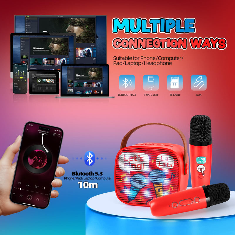 Karaoke Machine for Kids, Portable Bluetooth Mini Karaoke,with 2 Wireless Microphones,Support TF/AUX Input/Funny Magic Voice for All Smartphones,Birthday, Family,Home Party (Song)