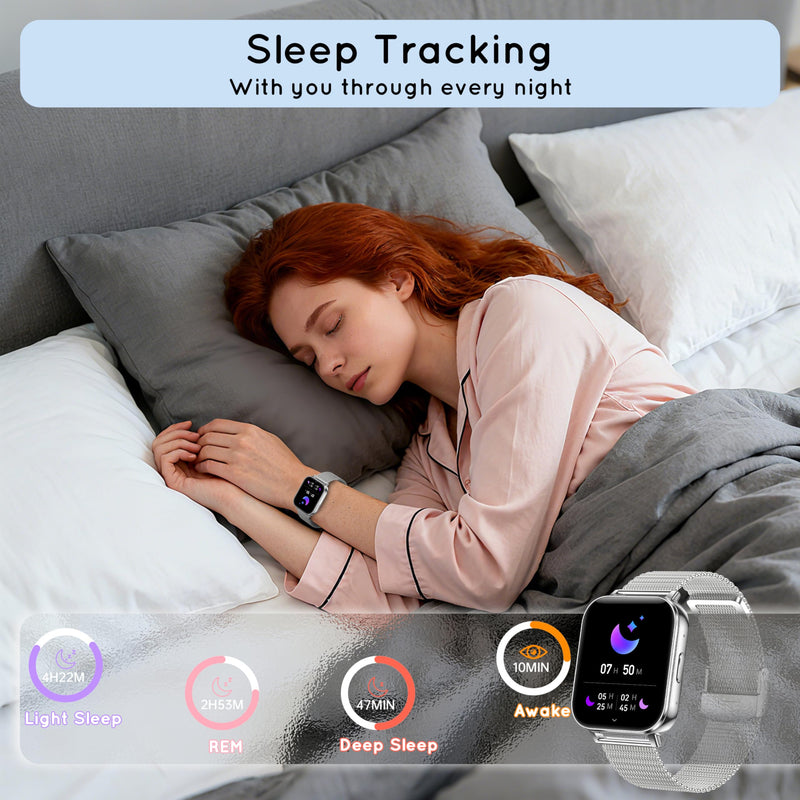 Smart Watch for Women Men 30 Day+ Battery Life 1.85" Fitness Tracker-Silver | Compatible iPhone & Android with Bluetooth Calling/Heart Rate/SpO2 Monitor, 120+ Sports Modes, 1000mAh 3 Bands Silver 44 MM
