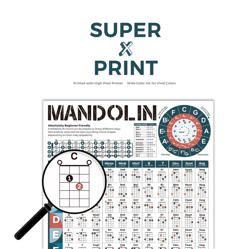 Mandolin Chord Chart Poster - 16''x24'' Wall Chart for Comprehensive Reference Guide of Easy Chord Diagrams, Fingerings Practice, Circle of Fifths for Beginner, Perfect Mandolin Learning Aid