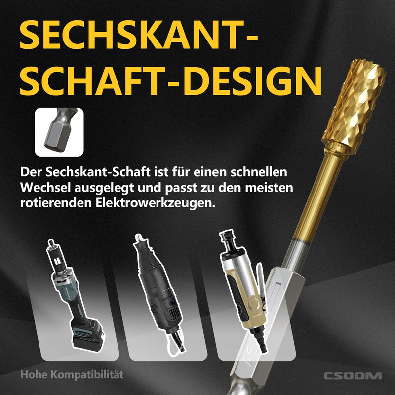 CSOOM Carbide Burr Set, 10 Pieces with Double Edge is an accessory for rotary tools for grinding, engraving, metal polishing, carving and drilling.
