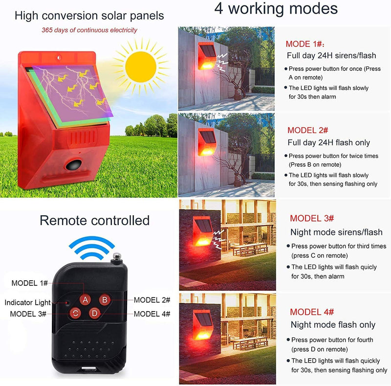[AUSTRALIA] - ChunHee Solar Motion Sensor Alarm Outdoor,Solar Alarm Motion Detector with Sound, 129db Sound Security Siren IP65 Waterproof Protected for Villa, Chicken coop, Farm, Yard, 2 Pack 2 Light + 2 Remote 