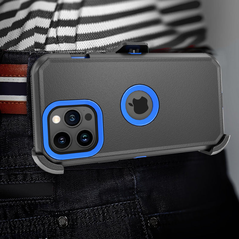 Phone Case for iPhone 15 Pro Max Case,Heavy Duty Hard Shockproof Armor Protector Case Cover with Belt Clip Holster for Apple iPhone 15 Pro Max 6.7 5G 2023 Phone Case (Black+Blue) Black+Blue