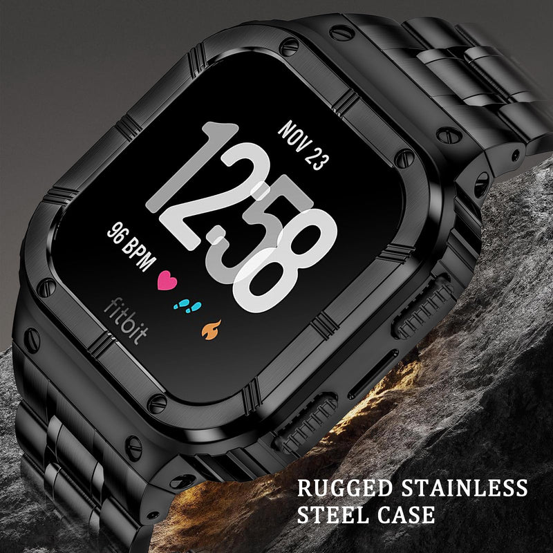 BAITEYOU Stainless Steel Watch Band with Case Compatible for Fitbit Versa/Fitbit Sense Bands, Rugged Protective Bumper Metal Wristbands for Men Women Black