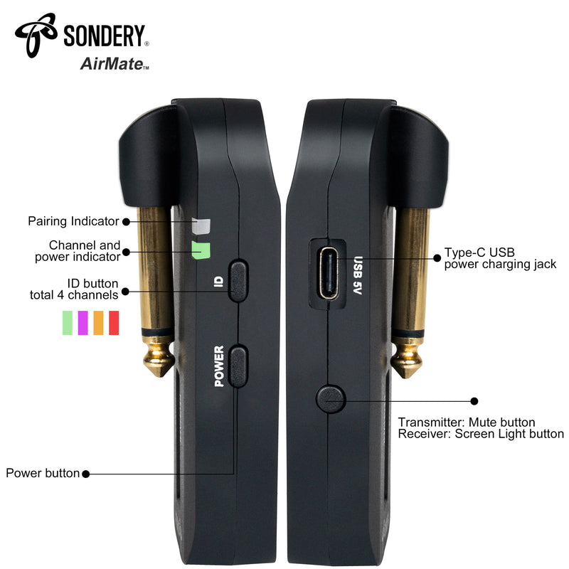 Sondery Wireless Transmitter Receiver System 5.8GHz with Display Screen for Easy Monitoring for Guitar Bass Keyboard Multi Instruments 24-bit High-Quality Audio Ultra-Low Latency Rechargeable