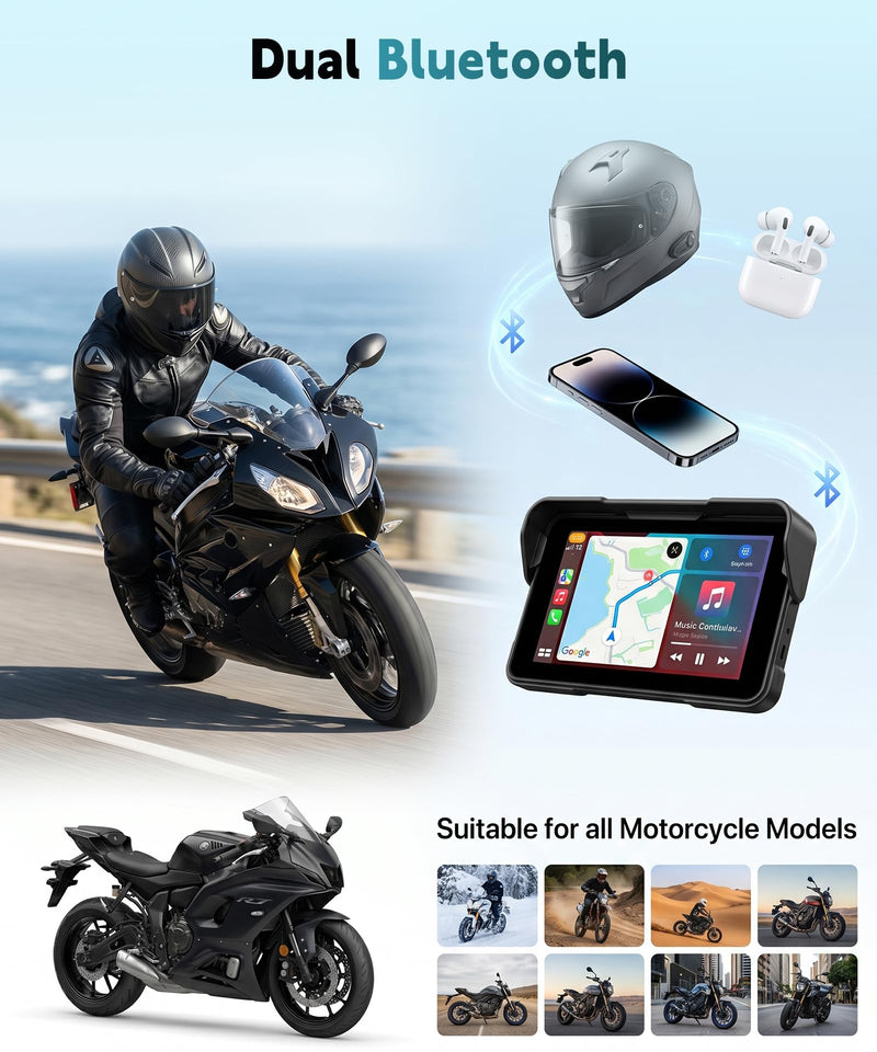 Motorcycle Wirelsss Carplay Android Auto Screen, 5" Wireless CarPlay | with Anti-Theft Design Mount, IP68 Waterproof Car Play Moto Touchscreen Dual Bluetooth Portable GPS Navigation