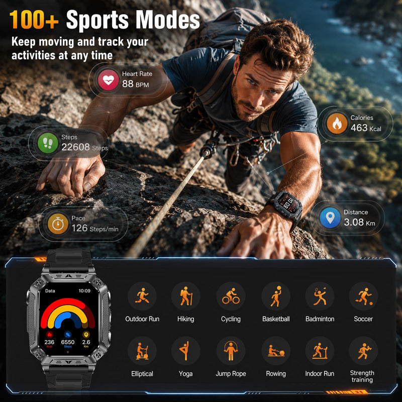 KPEP Smart Watches for Men, 2 Flashlight & 100 Days Battery Life | IP68 Waterproof 2.01'' Military Smart Watch with Sleep/SpO2/Heart Rate Monitor/Step Tracker, Sport Smartwatch for Android iOS