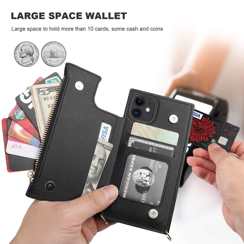 Bocasal Crossbody Wallet Case for iPhone 11 with Card Holder,Zipper Card Slot Protector Shockproof Purse Cover with Removable Cross Body Strap 6.1 Inch(Black) Black For iPhone 11 6.1 inch display