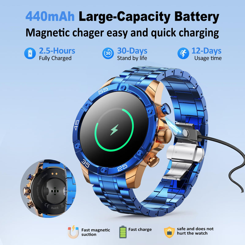 Men's Smart Watch Round HD 1.53" Gold Blue Smart Watches for Men, Multiple Sports Modes, Bluetooth Voice Call. Available for iOS and Android (Blue)